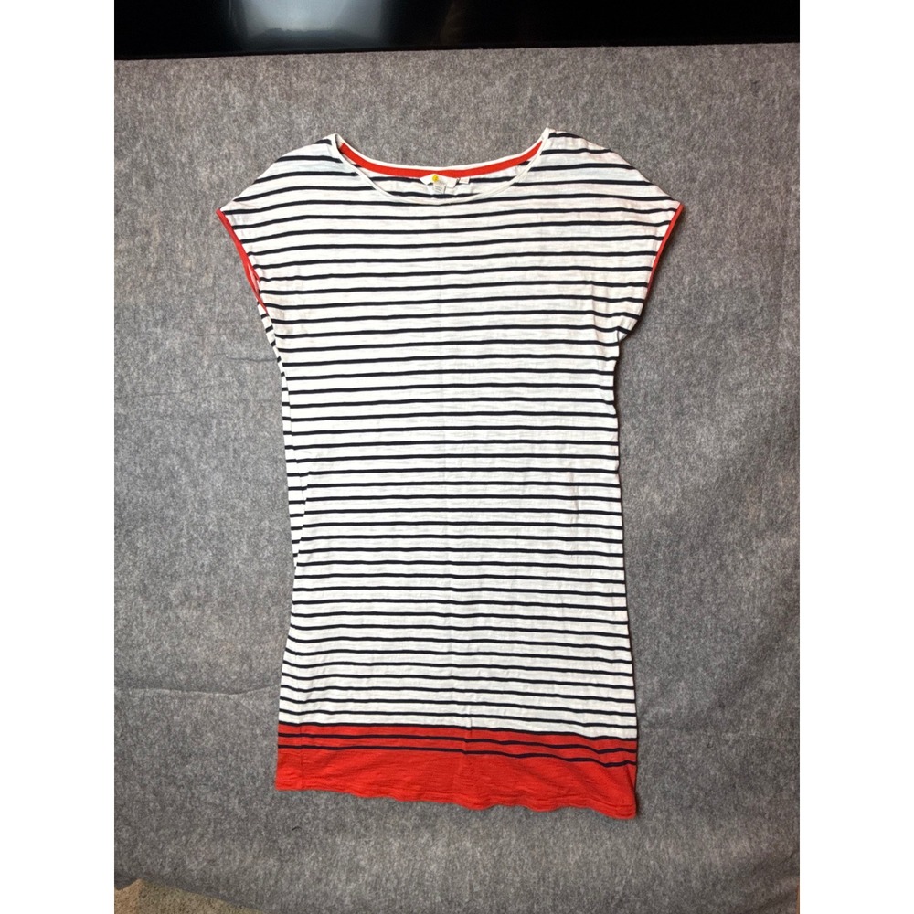Boden Striped Cotton T-Shirt Dress Womens 10L White Blue Red Trim Mini J0198